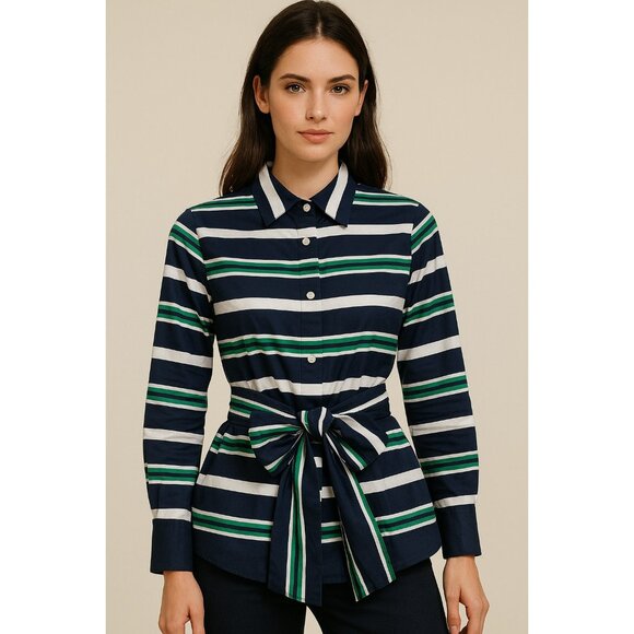 Carolina Herrera Striped Cotton Belted Shirt Dress Top 2 Multicolor Button Down - Picture 14 of 15